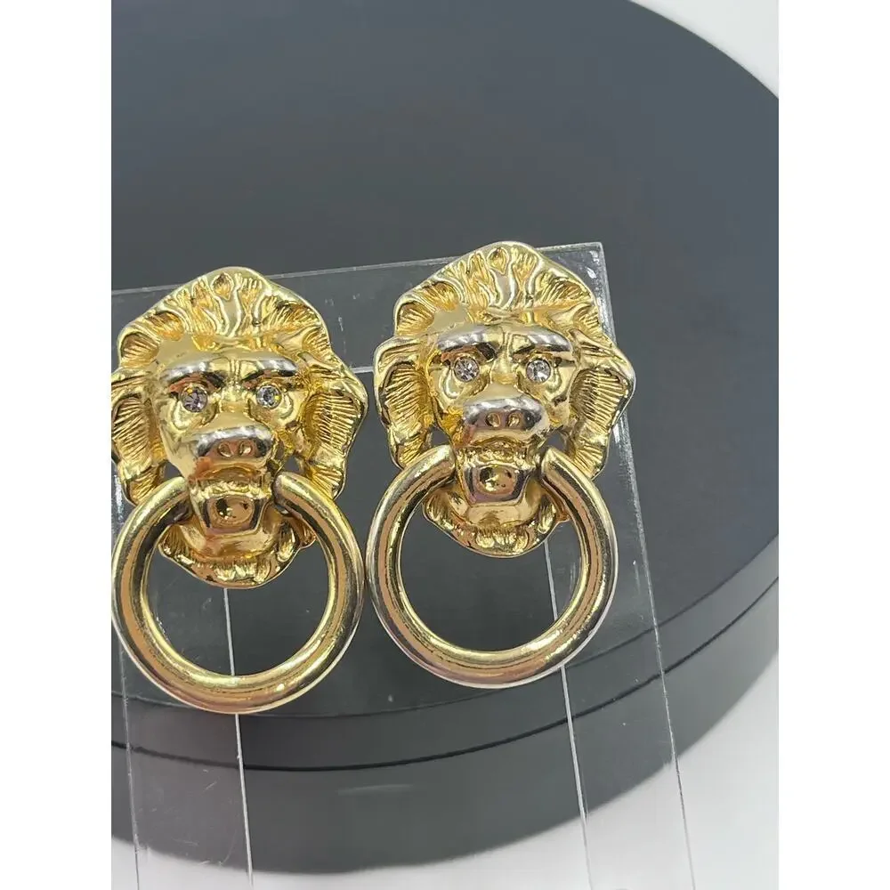 Kenneth Jay Lane Vintage 
Lionhead Doorknocker Rhinestone Eyes‎ Earrings - Picture 6 of 14